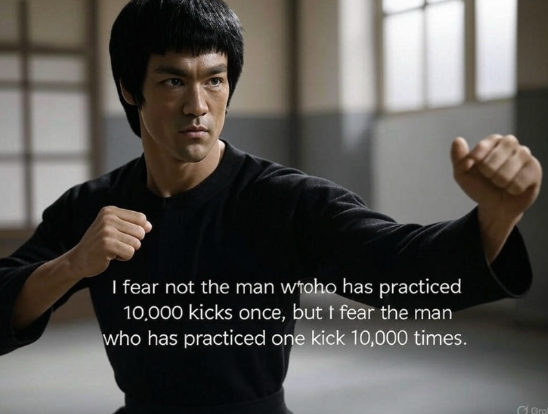 I fear not the man who has practiced 10,000 kicks once, but I fear the man who has practiced one kick 10,000 times.